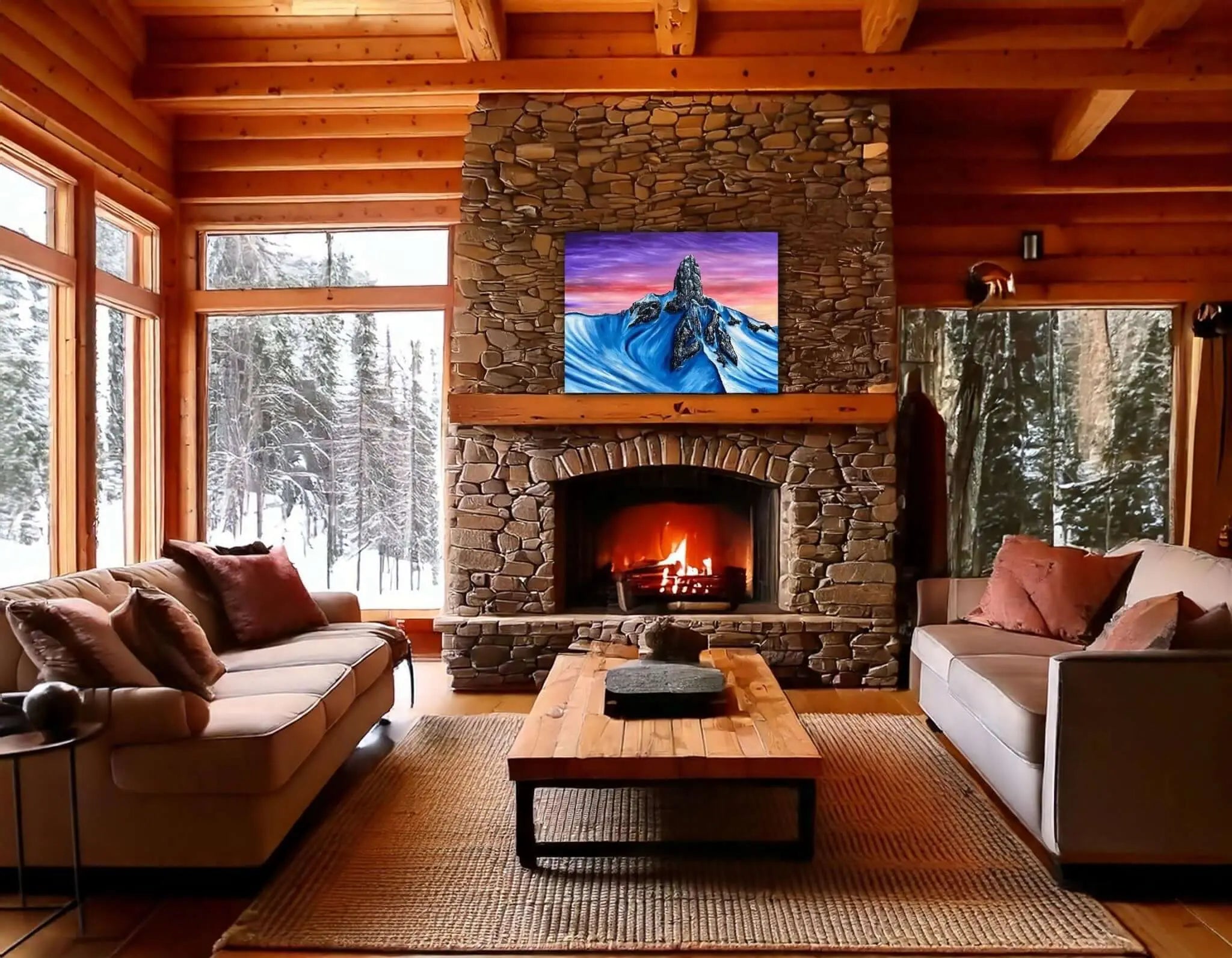 Original Black Tusk Whistler oil painting by Canadian artist Graham Watts shown in a room setting. Mountain landscape artwork titled Black Tusk.